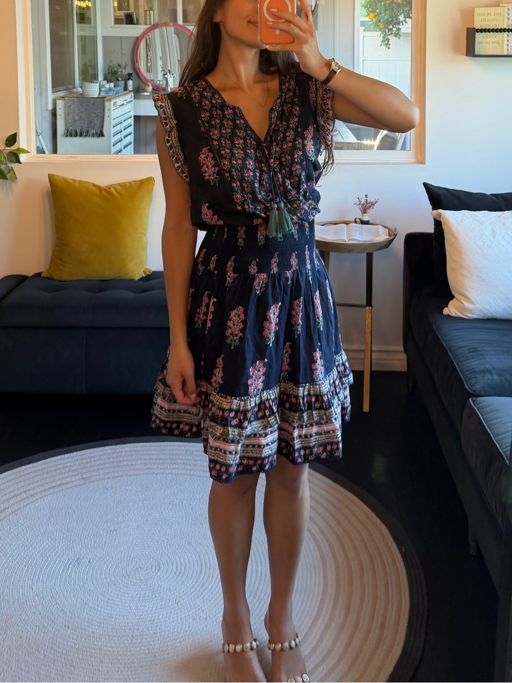 MABE Navy Floral Smocked Mini Dress with Tassel Tie (M) - Picture 2 of 2